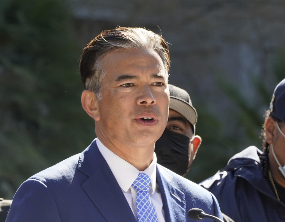 FILE - California Attorney General Rob Bonta speaks at a news conference at the Capitol in Sacramento, Calif., Wednesday, Feb. 23, 2022. Bonta who was appointed by Gov. Gavin Newsom, after former Attorney General Xavier Becerra was appointed to the Biden administration, is facing election challenges from Republicans and an independent who fault him for the rising crime rates. (AP Photo/Rich Pedroncelli, File)