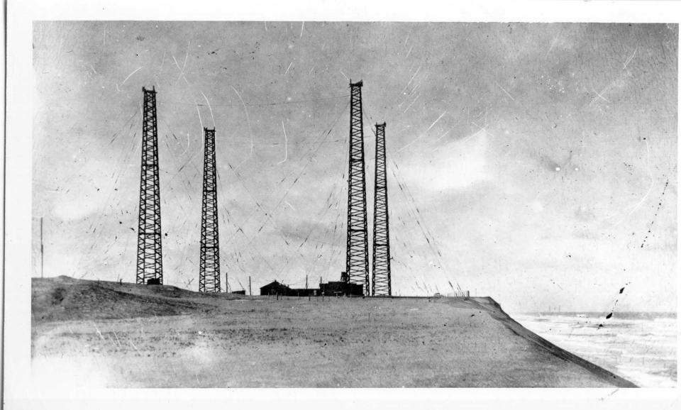 In 1903, Guglielmo Marconi transmitted the first transatlantic wireless telegraph message from this site in South Wellfleet to England. This image shows original masts under construction in 1901.