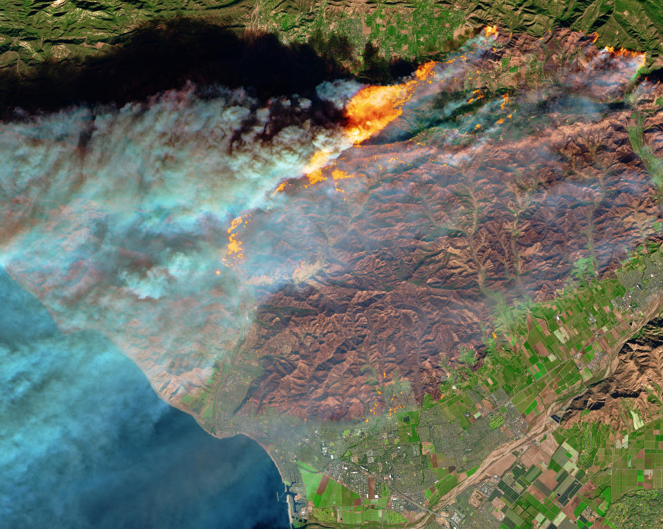 <p>The Multi Spectral Imager (MSI) on the European Space Agency’s Sentinel-2 satellite captured the data for a false-color image of the burn scar – active fires appear orange, the burn scar is brown, unburned vegetation is green, and developed areas are gray. The Sentinel-2 image is based on observations of visible, shortwave infrared, and near infrared light, acquired Dec. 5, 2017. (Photo: NASA) </p>