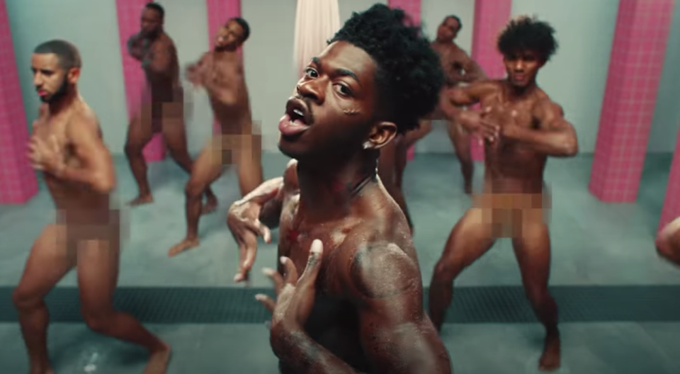 Lil Nas X and his background dancers dancing nude in a clip from his 'Industry Baby' music video