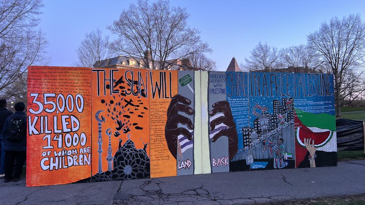 A mural depicting the ongoing Israel - Hamas conflict on Cornell's Arts Quad April 25, 2024.