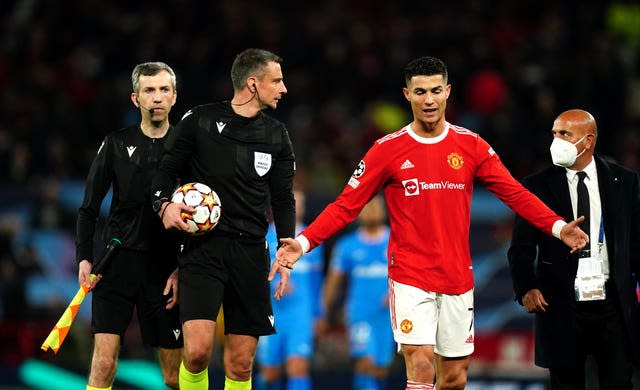 Cristiano Ronaldo complains to referee Slavko Vincic at half time on Tuesday