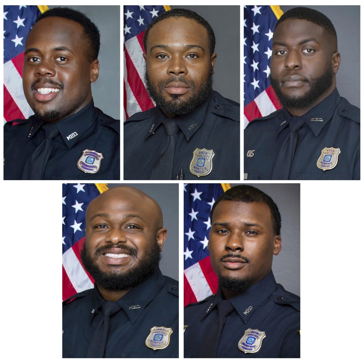 This combo of images provided by the Memphis Police Department shows, from top row from left, officers Tadarrius Bean, Demetrius Haley, Emmitt Martin III, bottom row, from left, Desmond Mills, Jr. and Justin Smith. (Memphis Police Department via AP)