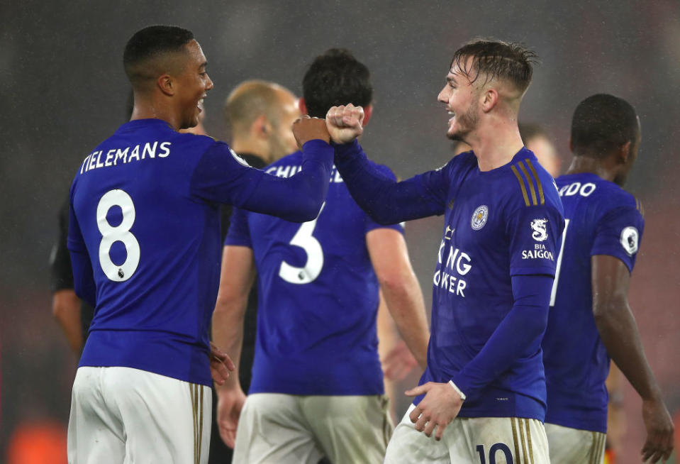 James Maddison of Leicester City celebrates victory with Youri Tielemans. (Photo by Bryn Lennon/Getty Images)