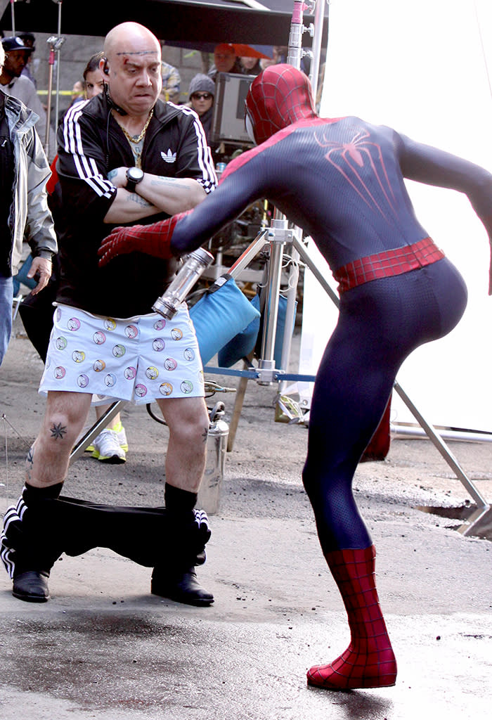 Andrew Garfield strips clothes off Paul Giamatti at "The Amazing Spider-Man 2" set in NYC