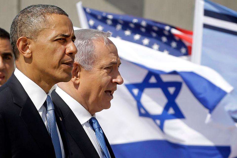 President Obama and Israeli Prime Minister Benjamin Netanyahu tour the Iron Dome Battery defense system at the Ben Gurion International Airport in Tel Aviv, Israel, in March 2013. The system was developed as a joint project by the two countries.