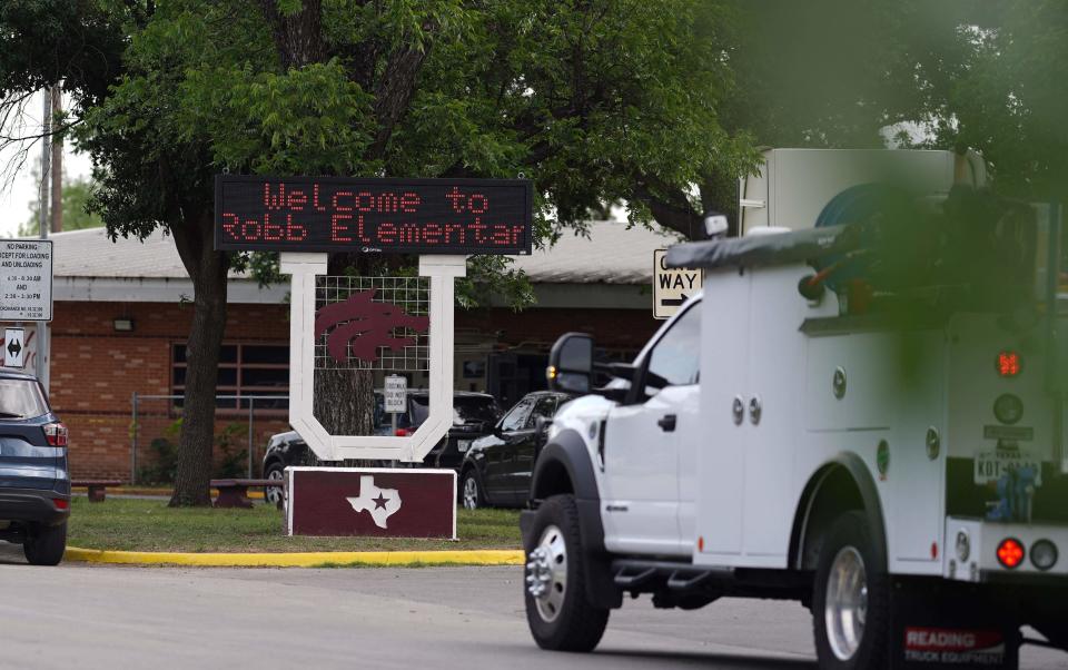 Robb Elementary School in Uvalde, Texas, on May 24, 2022, after a gunman killed 14 children and a teacher. It marks the deadliest school shooting in the state's history.