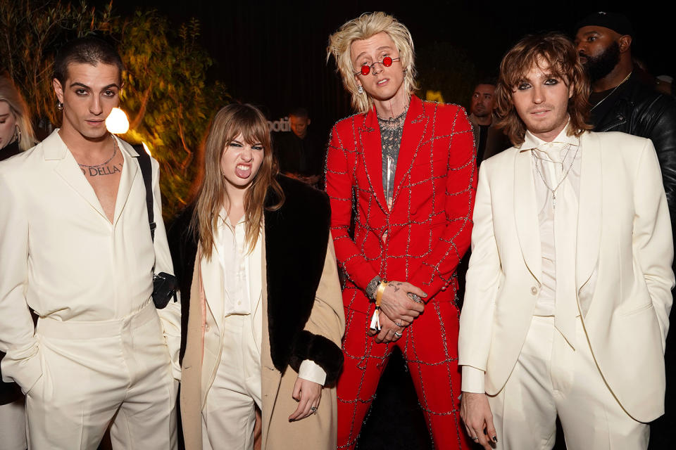 Damiano David, Victoria De Angelis & Thomas Raggi of Måneskin with Machine Gun Kelly