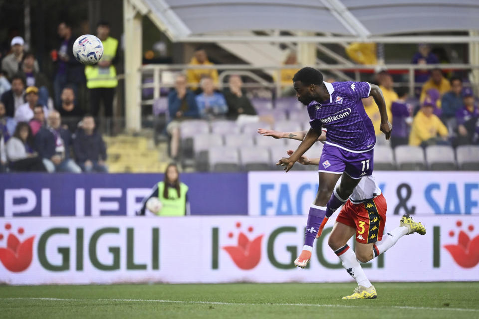 Fiorentina's Jonathan Ikone scores his side's opening goal during the Serie A soccer match between Fiorentina and Genoa, at the Artemio Franchi Stadium in Florence, Italy, Monday April 15, 2024. (Massimo Paolone/LaPresse via AP)