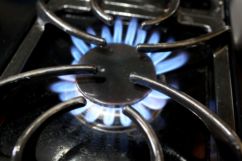 Flames burn on a natural gas-burning stove.