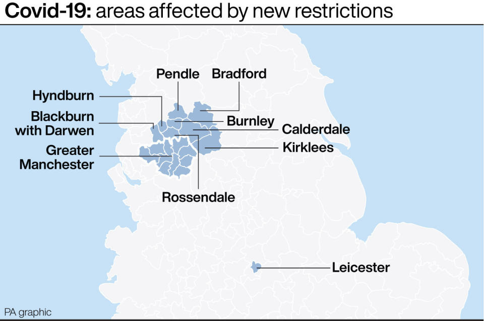 Covid-19: areas affected by new restrictions. See story POLITICS Coronavirus. Infographic PA Graphics. An editable version of this graphic is available if required. Please contact graphics@pamediagroup.com.