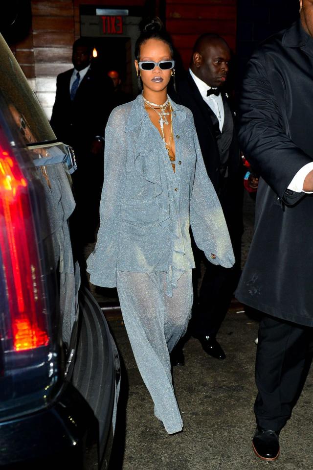 Rihanna in a Gucci Denim Jacket and Adam Selman Dress