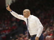 George Washington head coach Jamion Christian gestures during the first half of an NCAA college basketball game against Dayton, Saturday, March 7, 2020, in Dayton, Ohio. (AP Photo/Tony Tribble)