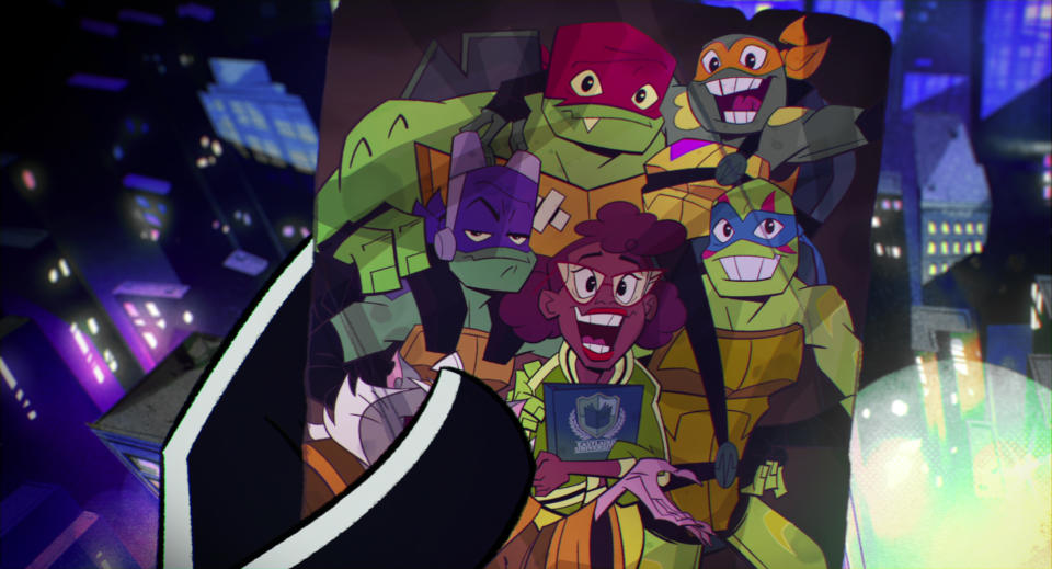 Rise of the Teenage Mutant Ninja Turtles: The Movie - (Clockwise) Raphael (voiced by Omar Benson Miller), Michelangelo (voiced by Brandon Mychal Smith), Leonardo (voiced by Ben Schwartz), April O'Neil (voiced by Kat Graham), and Donatello (voiced by Josh Brener). (Netflix)