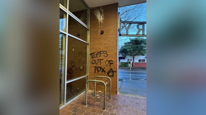 Graffiti on the Hollywood Library windows, protesting an event hosted by the Women's Declaration International on November 19, 2023 (Courtesy: Multnomah County Library)
