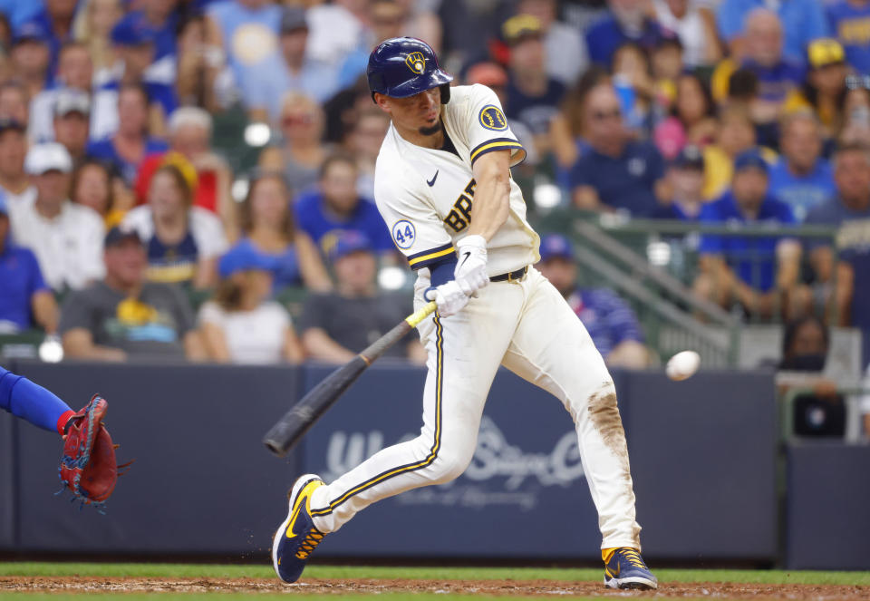 Milwaukee Brewers shortstop Willy Adames hits a grand-slam against the Chicago Cubs during the fourth inning of a baseball game Wednesday, June 30, 2021, in Milwaukee. (AP Photo/Jeffrey Phelps)