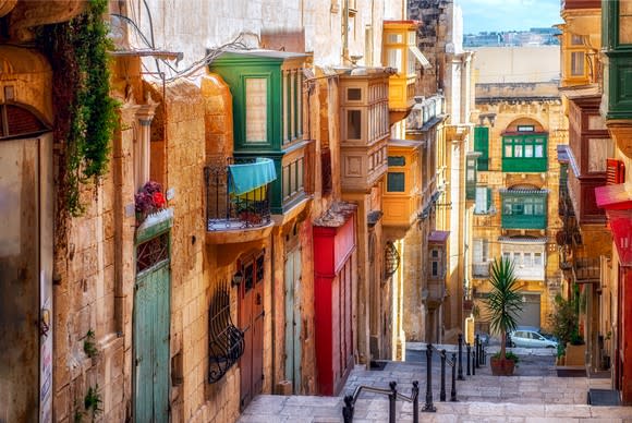 Narrow street in Valletta, the capital of Malta.