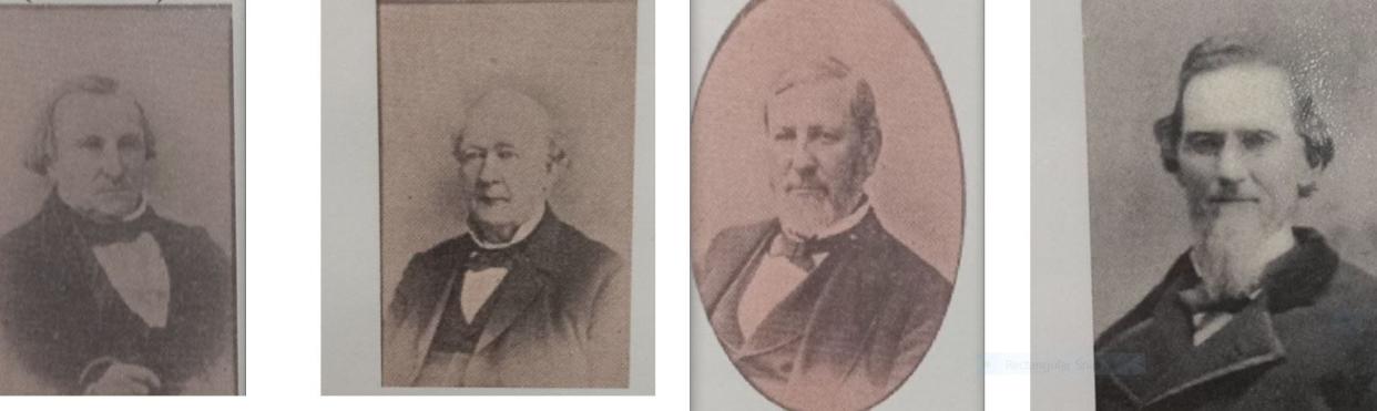 These are four of the president judges who served at the 1843 Wayne County Courthouse in Honesdale. There were others as well. From left, with terms, are Nathaniel B. Eldred (1851-1853); George R. Barrett (1855-1870); Samuel S. Dreher (1870-1874); and Charles P. Waller (1874-1882). This is from research by Linus Myers.