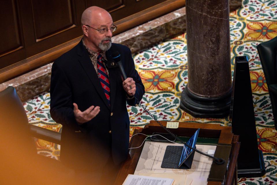 Senator Mike Bell sneaks during session in Senate Chambers in Nashville, Tenn., at the end of the legislative session on Wednesday, May 5, 2021. 