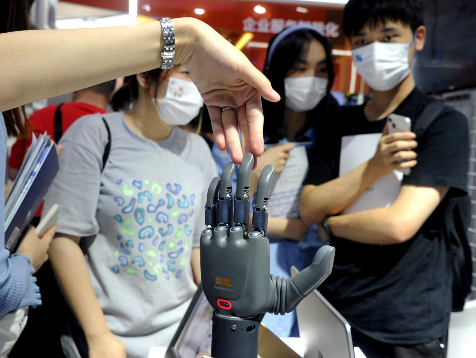 SHANGHAI, CHINA - SEPTEMBER 01: A BrainRobotics prosthetic hand is on display during the 2022 World Artificial Intelligence Conference at the Shanghai World Expo Center on September 1, 2022 in Shanghai, China. (Photo by VCG/VCG via Getty Images)