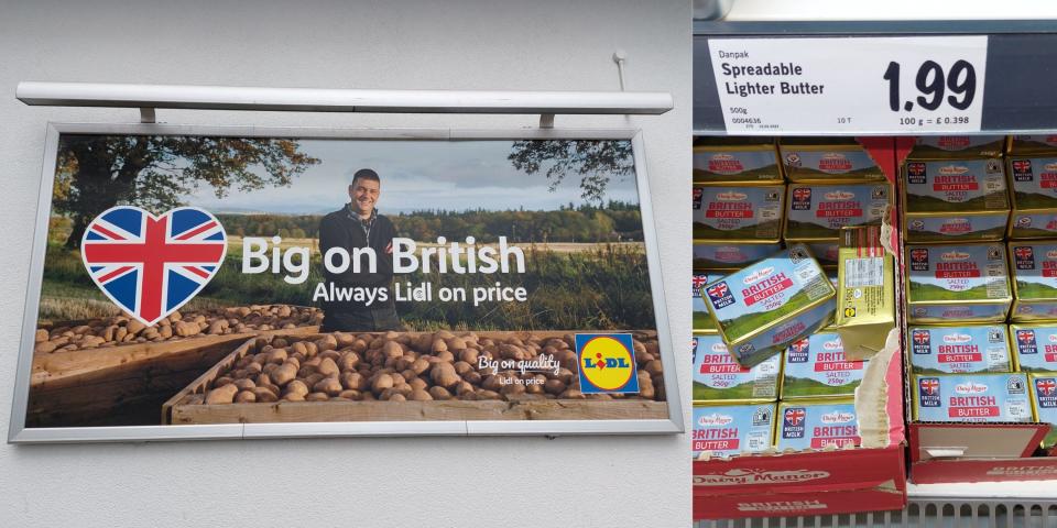 Lidl interior and exterior showing union jacks, pack of butter