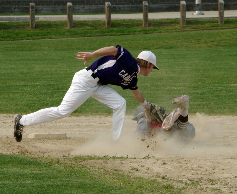 West Bridgewater's Jag Garces gets caught trying steal second in the early part of the baseball game by Bourne's Ryan Sullivan on Monday, May 8, 2023.