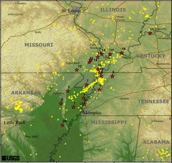 New Madrid Seismic Zone - Quaternary Fault Localities. Earthquakes with magnitudes equal to or larger than 2.5 are shown by the yellow dots.