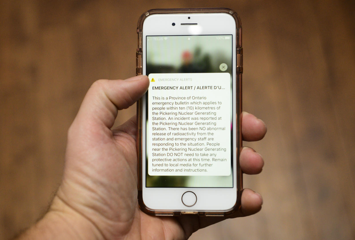 An emergency alert message on an iPhone is pictured in Carleton Place, Ont., on Sunday, Jan. 12, 2020.  The unintended release of an Ontario-wide alert about an "incident" at the Pickering Nuclear Generating Station on Sunday has sparked a provincial investigation into how such an error could happen and how such future mistakes can be avoided.THE CANADIAN PRESS/Sean Kilpatrick    