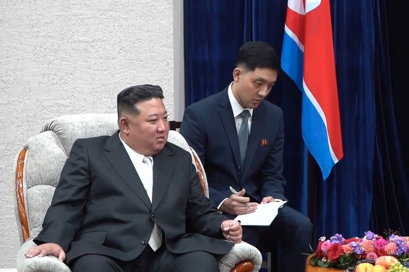 Kim Jong Un (L) is expected to provide munitions to Putin for Russia's war in the Ukraine, while North Korea may receive advanced technology for missiles and satellites. Photo by Governor of Primorsky Krai Press Office/ UPI