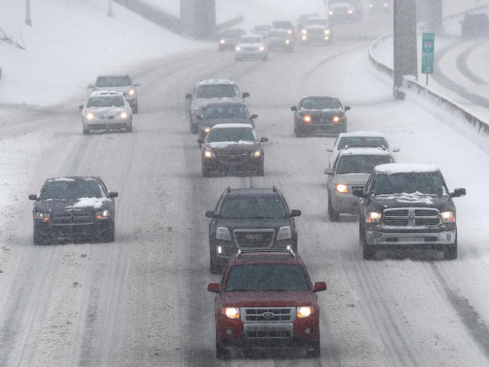 Interstate 94 during a winter storm in Detroit, Michigan.