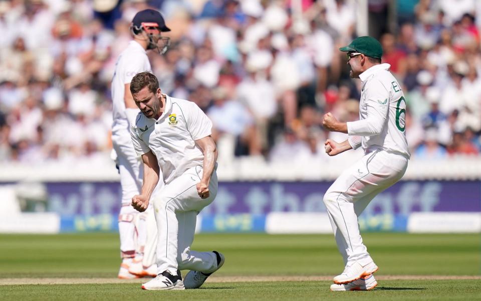 South Africa's Anrich Nortje celebrates taking the wicket of England's Jonny Bairstow - Adam Davy/PA Wire