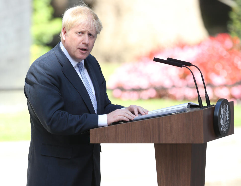 New Prime Minister Boris Johnson makes a speech outside 10 Downing Street, London, after meeting Queen Elizabeth II and accepting her invitation to become Prime Minister and form a new government.