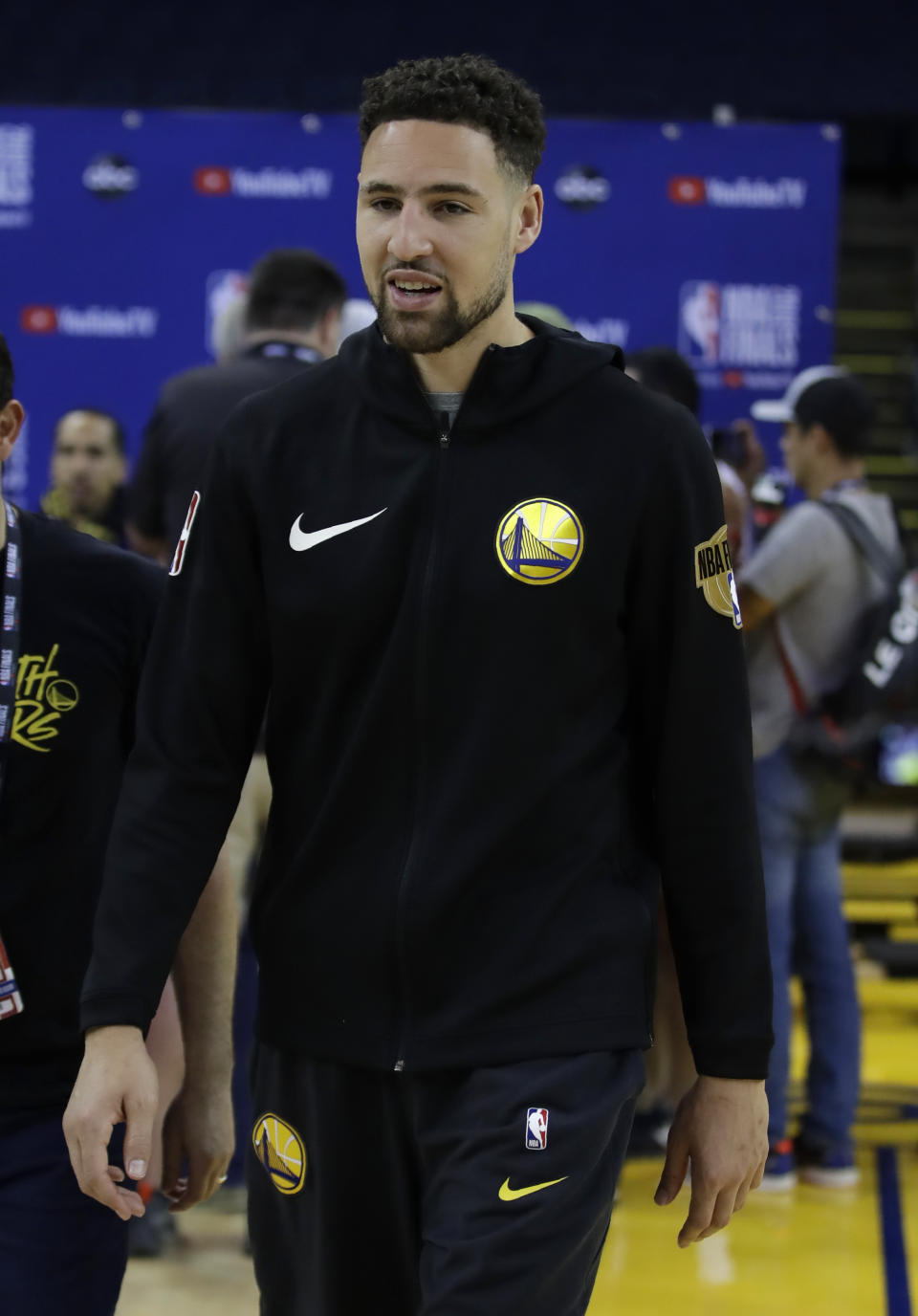 Golden State Warriors' Klay Thompson walks off the court after practice for the NBA Finals against the Toronto Raptors Thursday, June 6, 2019, in Oakland, Calif. Game 4 of the NBA Finals is Friday, June 7, 2019 in Oakland, Calif. (AP Photo/Ben Margot)