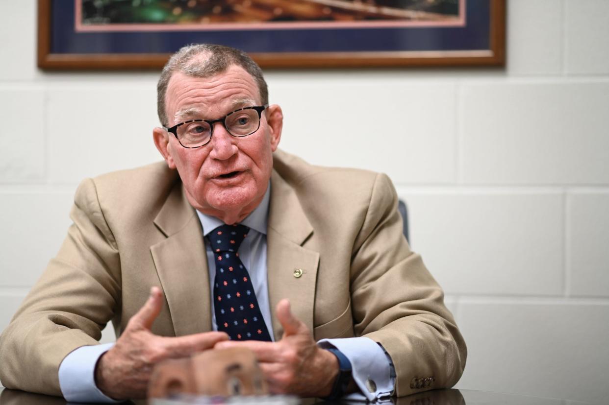 Bill DeFrance talks about his 20-year career as the Eaton Rapids Public Schools superintendent, Thursday, May 9, 2024, at Greyhound Central Elementary School in Eaton Rapids. DeFrance will retire at the end of the year.