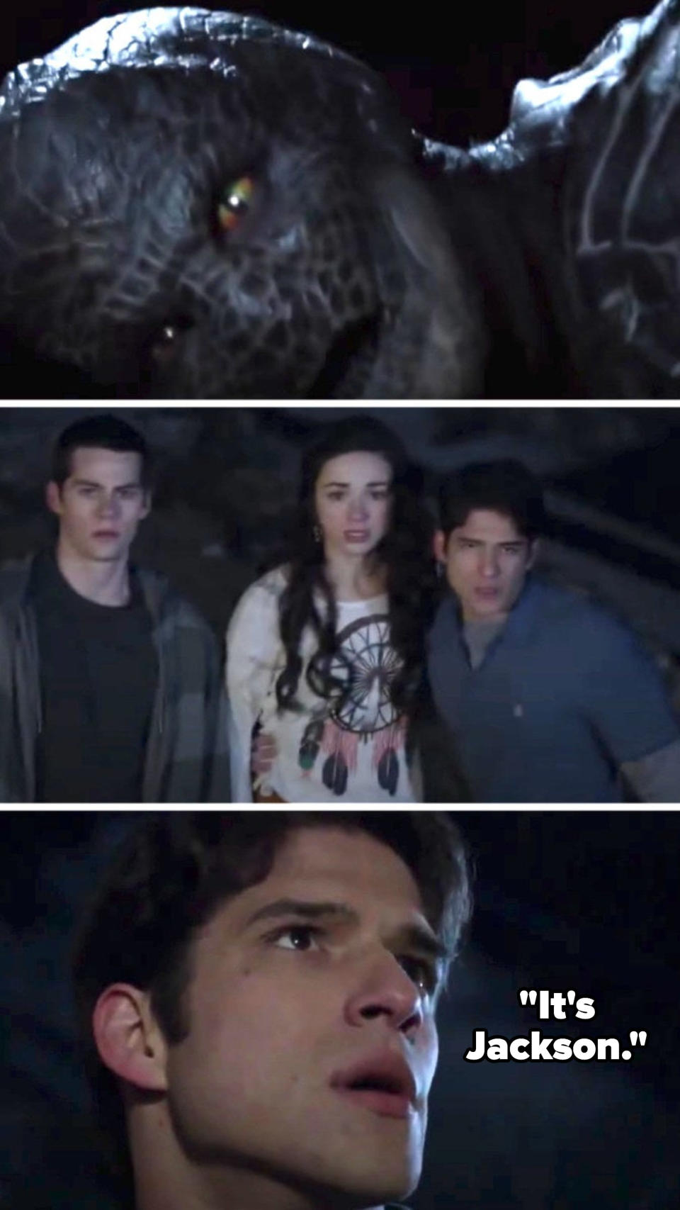 Allison, Stiles, and Scott see the kanima on the roof, and Scott realizes it's Jackson