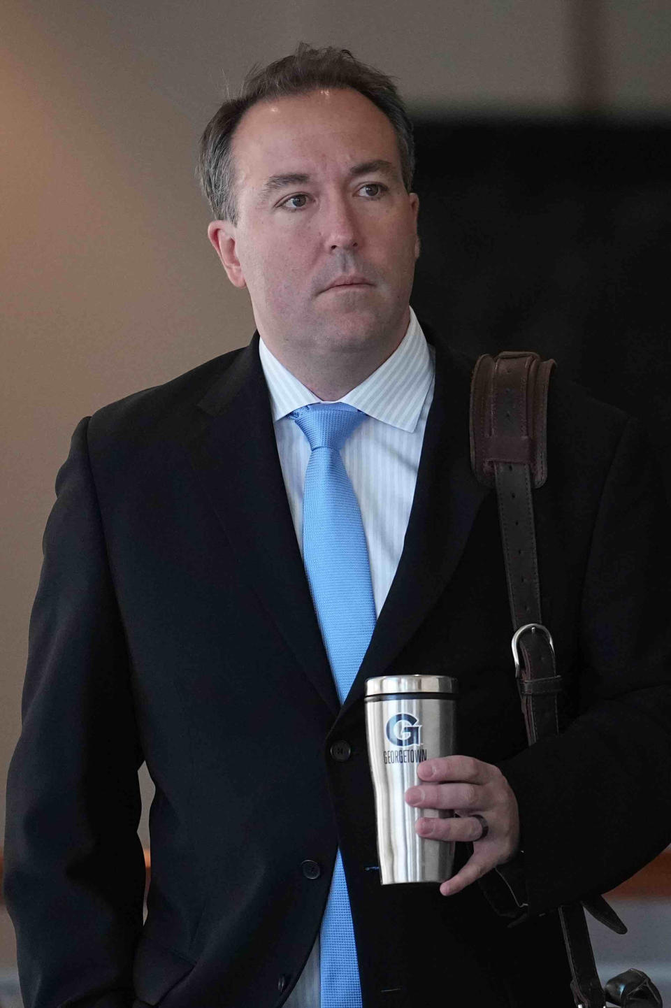 Attorney Jason Slothouber walks into the Adams County Justice Center for the start of a trial of two of the police officers charged in the death of Elijah McClain, Wednesday, Sept. 20, 2023, in Brighton Colo. (AP Photo/Jack Dempsey)