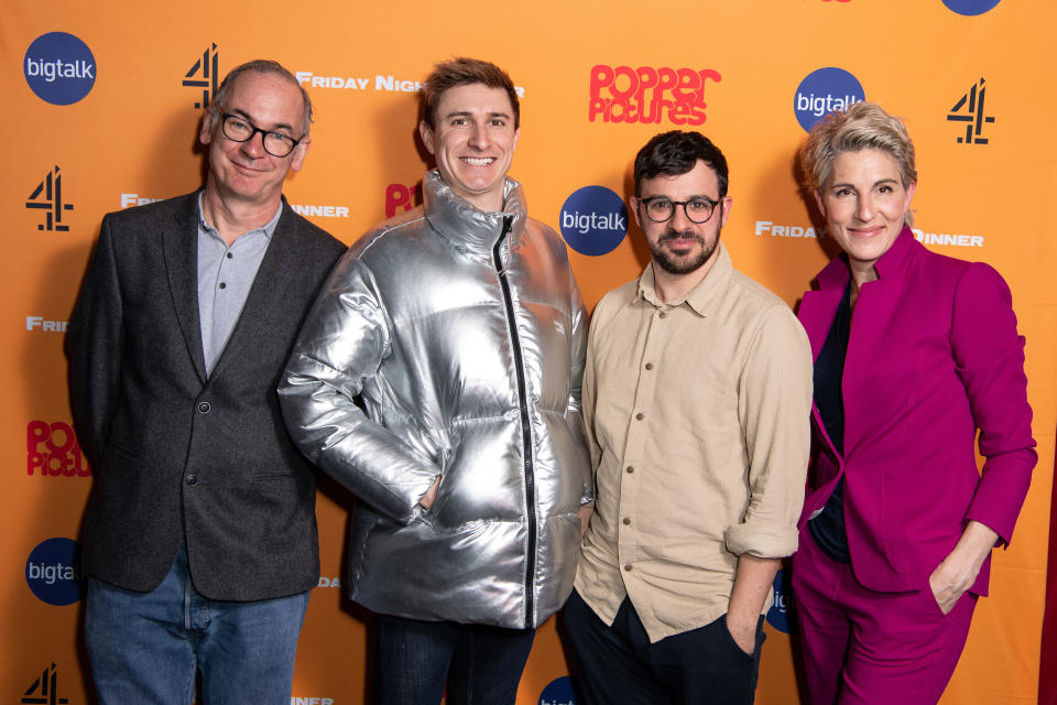 LONDON, ENGLAND - MARCH 09: (L-R) Paul Ritter, Tom Rosenthal, Simon Bird and Tamsin Greig attend the 