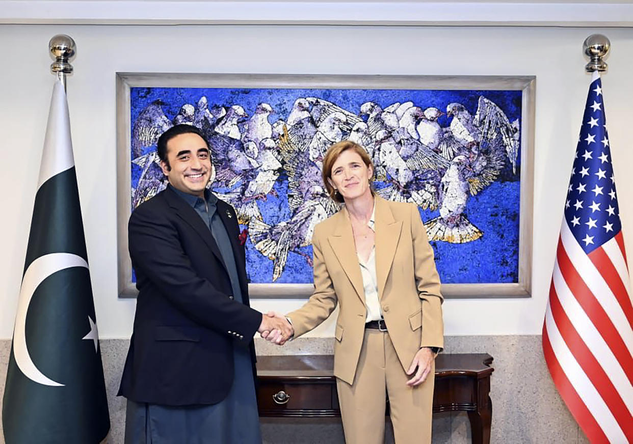 In this handout photo released by Pakistan Foreign Ministry Press Service, USAID Administrator Samantha Power, right, meets with Pakistan's Foreign Minister Bilawal Bhutto Zardari in Islamabad, Pakistan, Friday, Sept. 9, 2022. U.N. Secretary-General Antonio Guterres appealed to the world for help for cash-strapped Pakistan after arriving in the country Friday to see the climate-induced devastation from months of deadly record floods. (Pakistan Foreign Ministry Press Service via AP)