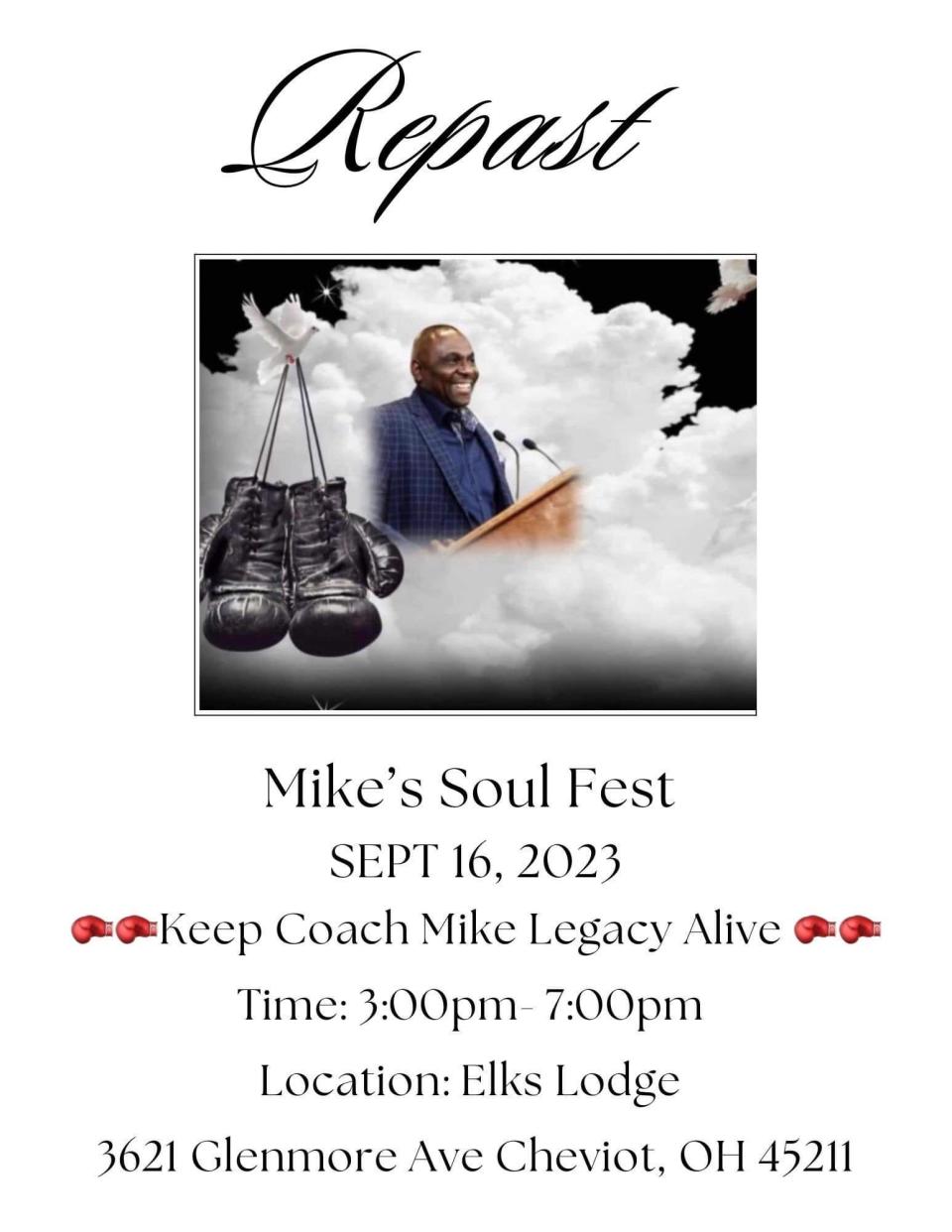 Mike's Soul Fest, a public memorial honoring Mike, is scheduled for Saturday, Sept. 16, at 3 p.m.
