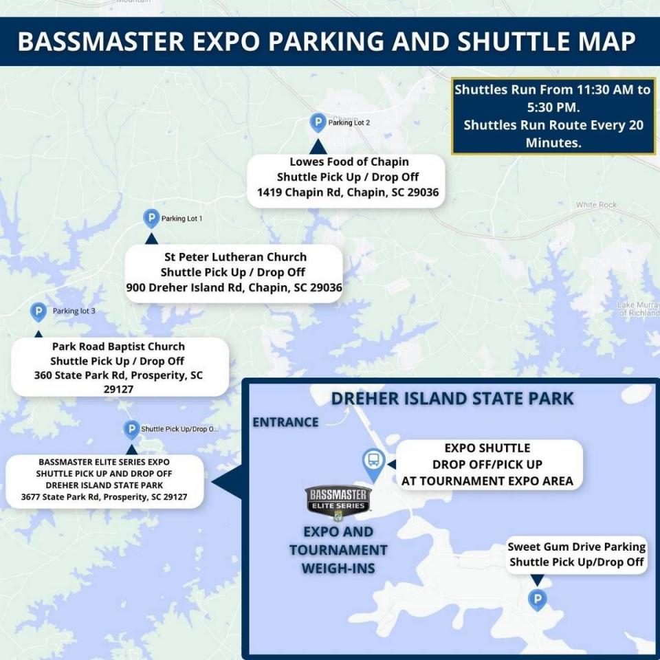 Shuttle locations for the Bassmaster Elite Series on Lake Murray April 22 and April 23, 2023.