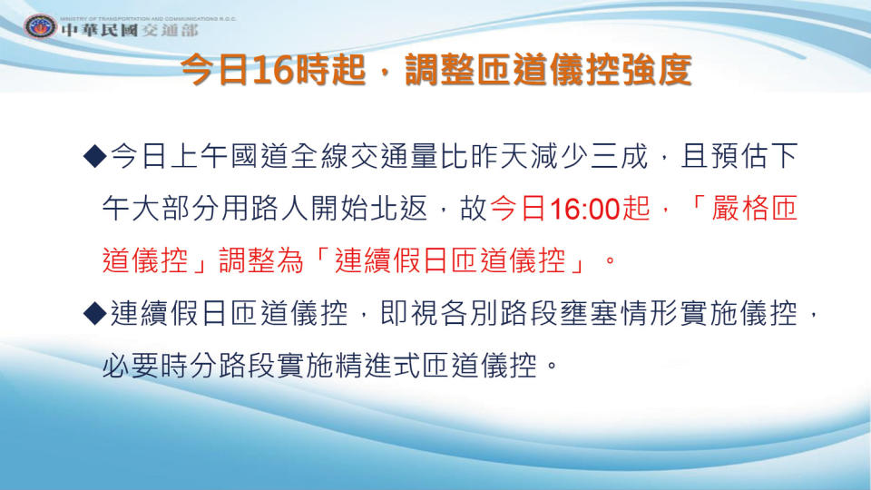 今日16時起，調整匝道儀控強度。   圖：交通部／提供