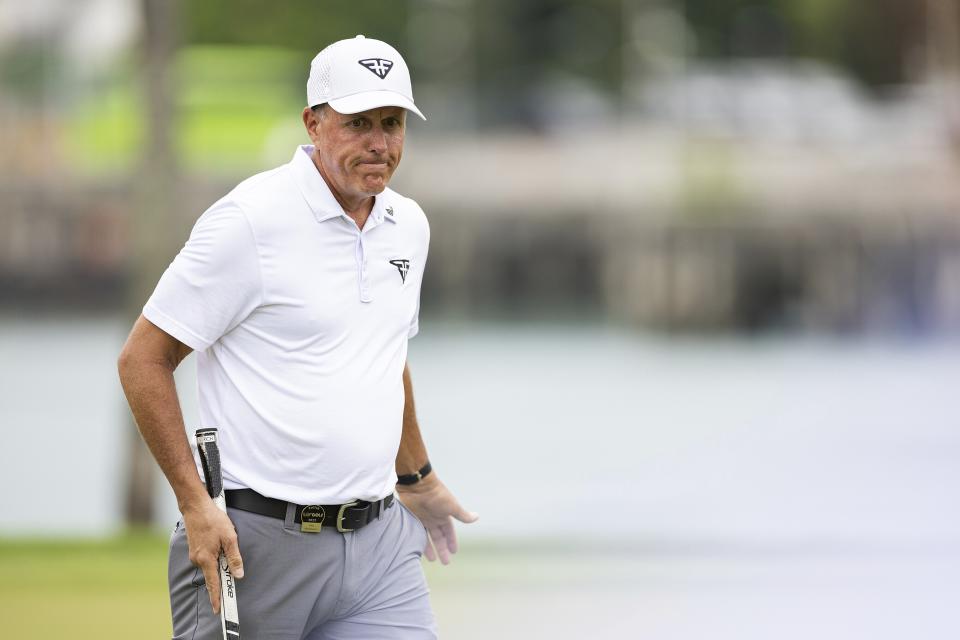 Captain Phil Mickelson of HyFlyers GC reacts on the 15th green during the first round of LIV Golf Singapore at the Sentosa Golf Club on Friday, April 28, 2023 in Sentosa, Singapore. (Doug DeFelice/LIV Golf via AP)