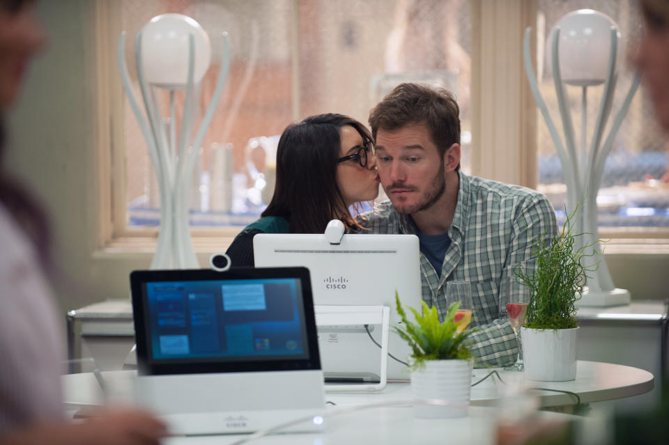 PARKS AND RECREATION -- "One Last Ride" Episode 712/713 -- Pictured: (l-r) Aubrey Plaza as April Ludgate, Chris Pratt as Andy Dwyer -- (Photo by: Colleen Hayes/NBCU Photo Bank/NBCUniversal via Getty Images via Getty Images)