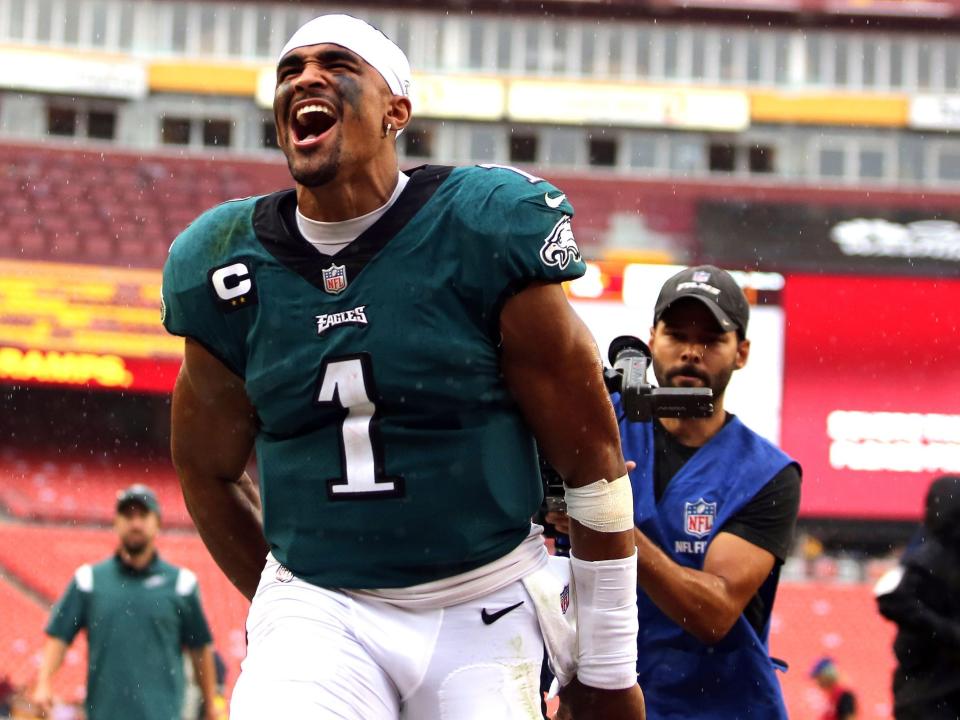 Jalen Hurts celebrates after a win against the Washington Commanders.