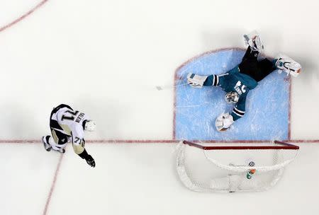 Pittsburgh Penguins center Evgeni Malkin (71) cannot get a shot off against San Jose Sharks goalie Martin Jones (31) in the second period in game six of the 2016 Stanley Cup Final at SAP Center at San Jose. Mandatory Credit: John Hefti-USA TODAY Sports