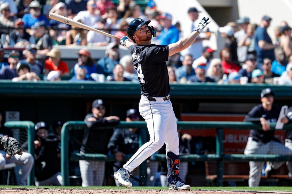 Tigers catcher Jake Rogers swings against the Yankees during the second inning of the Grapefruit League season opener at Joker Marchant Stadium in Lakeland, Florida, on Saturday, Feb. 24, 2024.