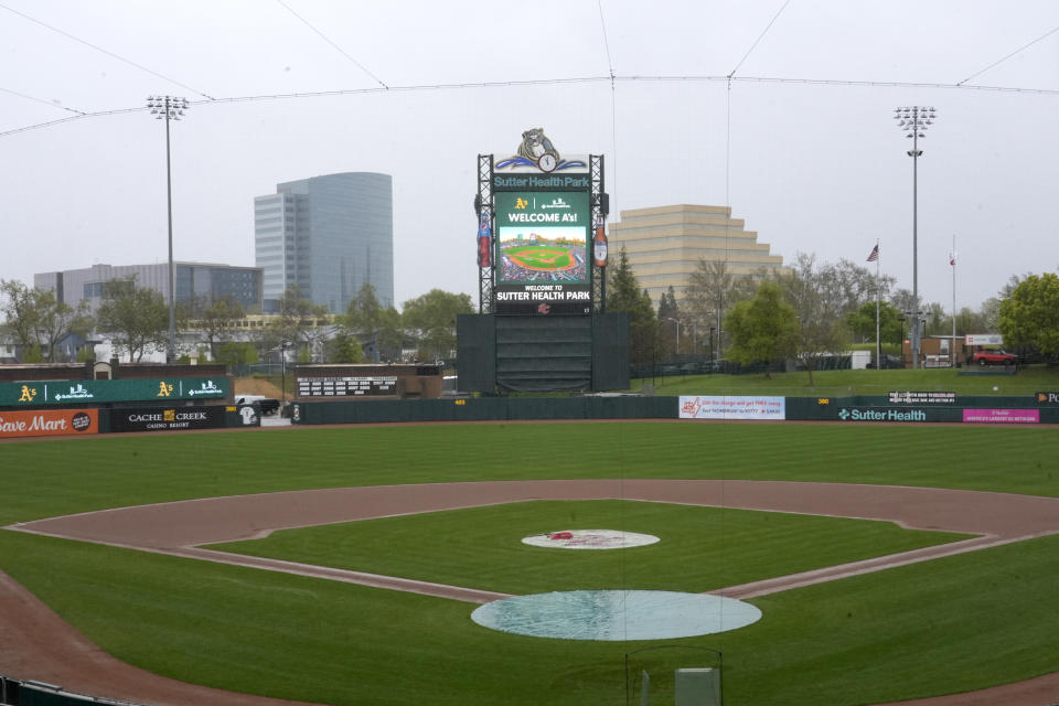 Sutter Health Park, home of the Triple A team Sacramento River Cats, is shown in West Sacramento, Calif., Thursday, April 4, 2024. The Oakland Athletics announced the decision to play at the home of the Sacramento River Cats from 2025-27 with an option for 2028 on Thursday after being unable to reach an agreement to extend their lease in Oakland during that time. (AP Photo/Rich Pedroncelli)