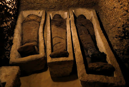 Mummies are seen inside a tomb during the presentation of a new discovery at Tuna el-Gebel archaeological site in Minya Governorate, Egypt, February 2, 2019. REUTERS/Amr Abdallah Dalsh