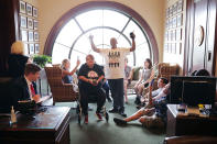 <p>Demonstrators from Ohio occupy the offices of Sen. Rob Portman during a protest against health care reform legislation in the Russell Senate Office Building on Capitol Hill July 10, 2017 in Washington, D.C. (Photo: Chip Somodevilla/Getty Images) </p>