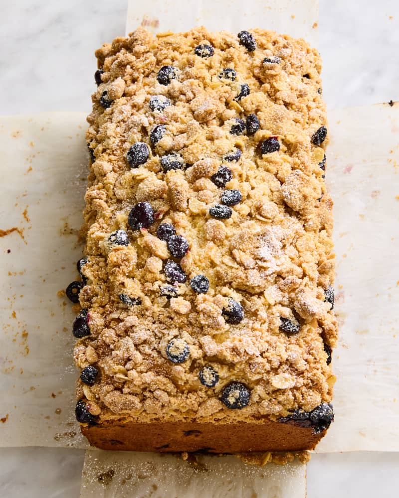 blueberry muffin bread sliced on parchment